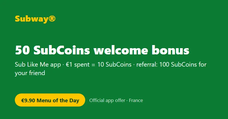 Subway Sub Like Me: 50 SubCoins welcome bonus, €1 spent = 10 SubCoins, referral gives 100 SubCoins