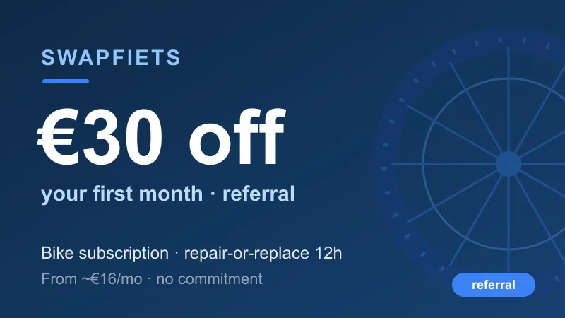 Swapfiets offer card: €30 off your first month via referral, bike subscription with repair-or-replace within 12h