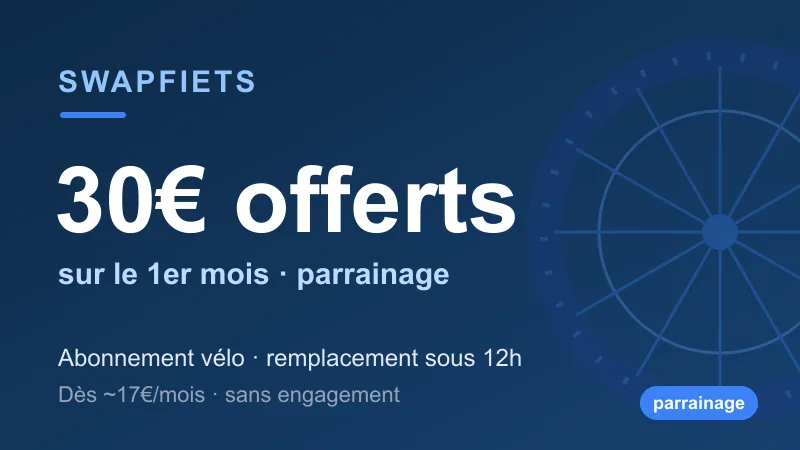 Carte offre Swapfiets : 30€ offerts sur le premier mois via le parrainage, abonnement vélo avec remplacement sous 12h