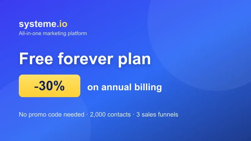 Systeme.io banner: permanent free forever plan (2,000 contacts, 3 sales funnels) and -30% on annual billing, with no promo code to enter