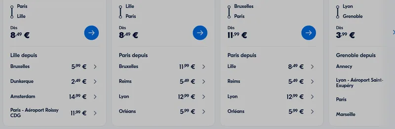 Tarifs covoiturage BlaBlaCar sur le site officiel : trajets dès quelques euros (Paris-Lille 8,49€, Lyon-Grenoble 3,99€)