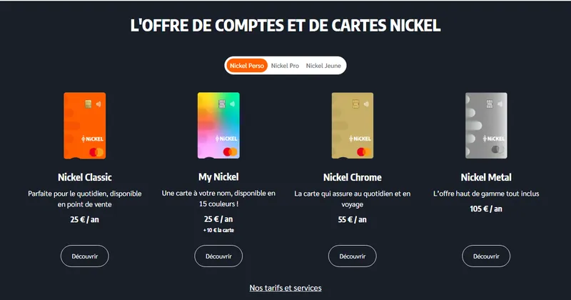 Tarifs Nickel : Nickel Classic 25€/an, My Nickel 25€/an + 10€ la carte, Nickel Chrome 55€/an, Nickel Metal 105€/an