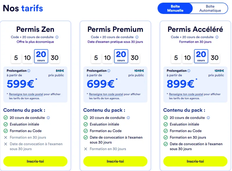 Tarifs Stych juillet 2026 : Permis Zen 20h dès 599€, Premium dès 699€, Accéléré dès 899€ (prix publics 849 à 1249€)
