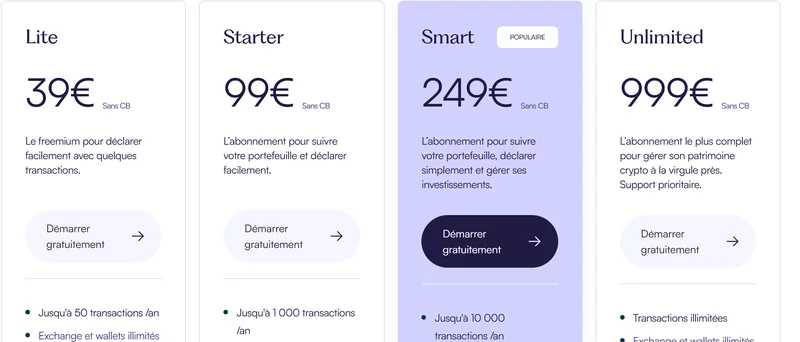 Grille tarifaire officielle Waltio 2026 : Lite 39€ (50 transactions), Starter 99€ (1 000 transactions), Smart 249€ (10 000), Unlimited 999€