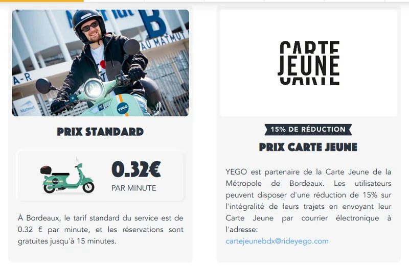 Tarifs officiels Yego à Bordeaux : prix standard 0,32€ par minute, réservation gratuite 15 minutes et -15% avec la Carte Jeune Bordeaux Métropole