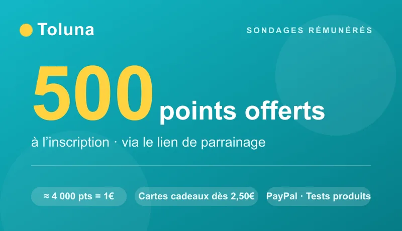 Bandeau Toluna : 500 points offerts à l'inscription via le lien de parrainage, panel de sondages rémunérés