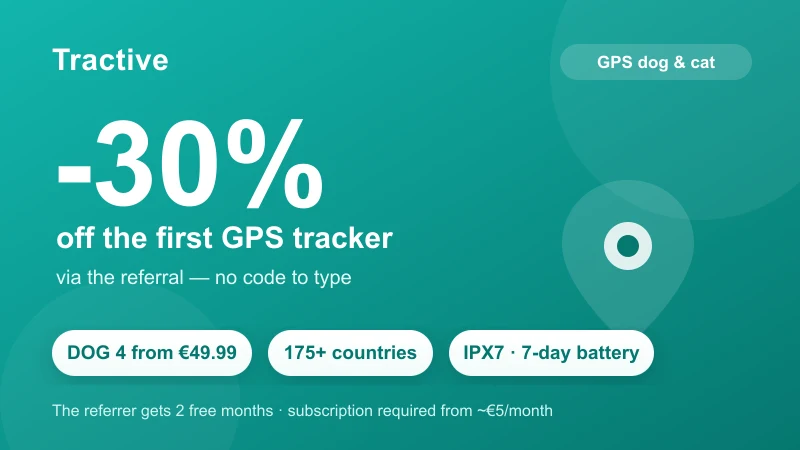 Tractive promo code: -30% off the first GPS tracker via the referral, no code to type — GPS DOG 4 from €49.99, 175+ countries coverage, IPX7, 7-day battery