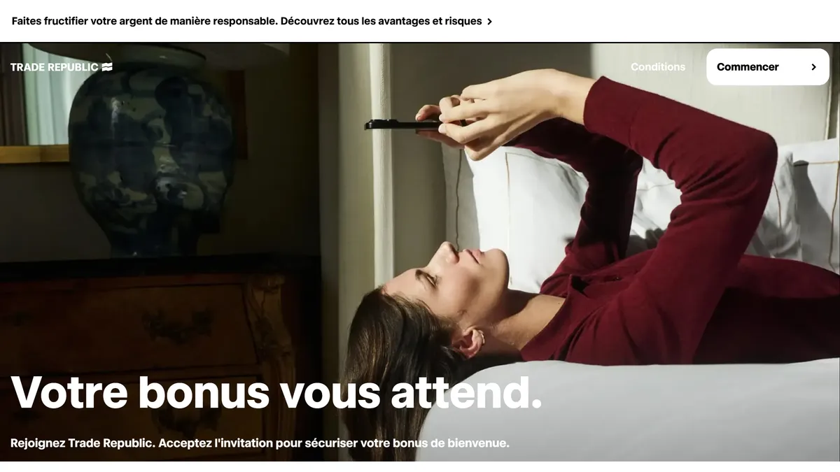 Capture de la page parrainage officielle Trade Republic : « Votre bonus vous attend », bonus de bienvenue à sécuriser en acceptant l'invitation