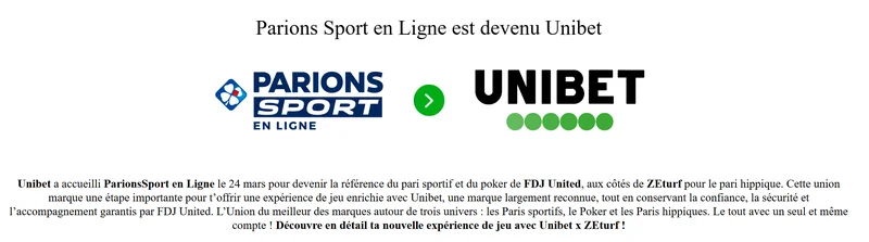 Annonce officielle Unibet : Parions Sport en Ligne devenu Unibet le 24 mars 2026, aux côtés de ZEturf pour le pari hippique au sein de FDJ United