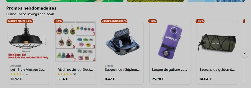Ventes flash Wish promos hebdomadaires remises jusqu'à -46% gadgets petits prix