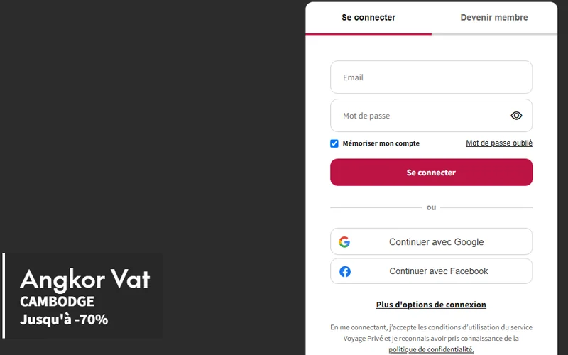 Inscription gratuite au club Voyage Privé : ventes privées jusqu'à -70%, ici un séjour Angkor Vat au Cambodge