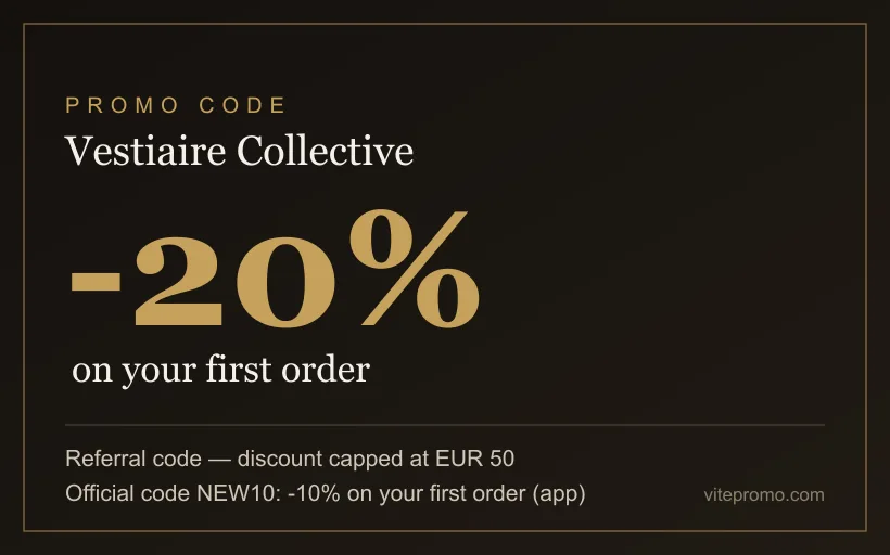 Vestiaire Collective promo code: -20% on your first order via a referral code (capped at €50), or -10% with the official NEW10 code
