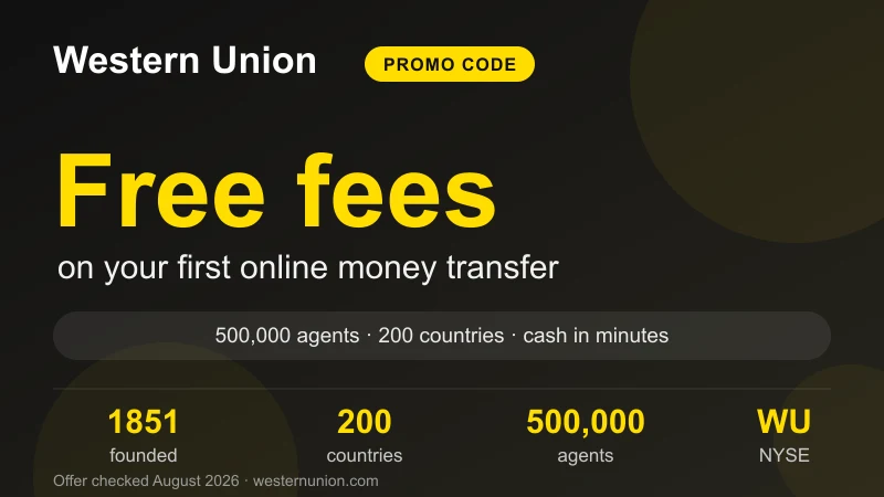 Western Union promo code card: fee-free first online money transfer, 500,000 agents across 200 countries