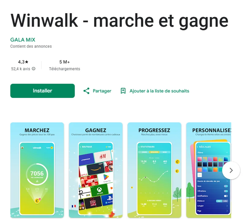 Fiche Google Play de Winwalk - marche et gagne : 4,3 étoiles, 52 400 avis, 5 millions de téléchargements