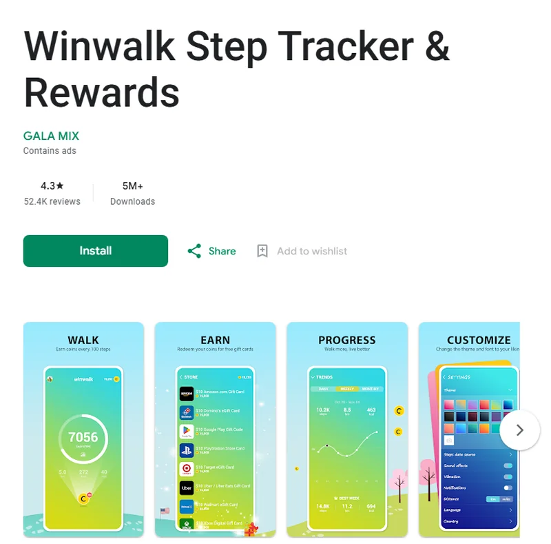 Winwalk Step Tracker & Rewards on Google Play: 4.3 stars, 52.4K reviews, 5M+ downloads