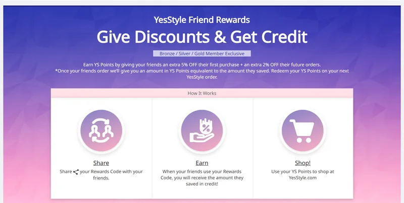 YesStyle Friend Rewards programme: an extra 5% off the friend's first purchase and 2% off future orders, with YS Points credited to the referrer
