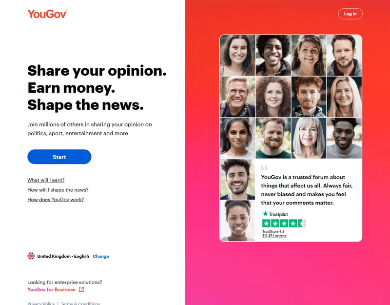 YouGov sign-up page: free paid-survey panel, joined through a referral link