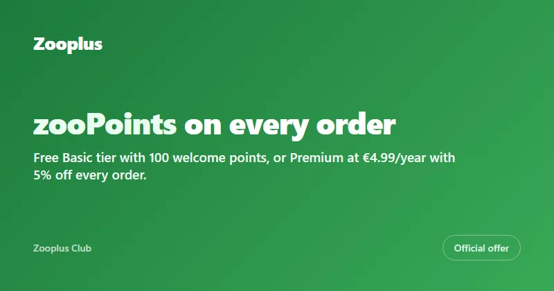 Zooplus Club: zooPoints on every order, free Basic tier (100 welcome points) and Premium at €4.99/year with 5% off every order